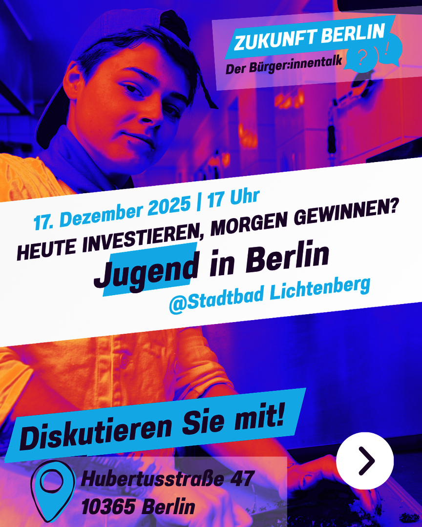 Junger Mensch auf einem Plakat zur Einladung zu einem Bürger*innengespräch zur Abgeordnetenhauswahl 2026