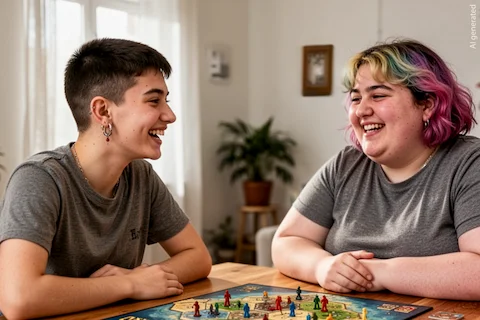 Zwei junge Menschen spielen ein Brettspiel. EIne person hat kurze Haare und Ohrringe. EIne andere hat bunte Haare.