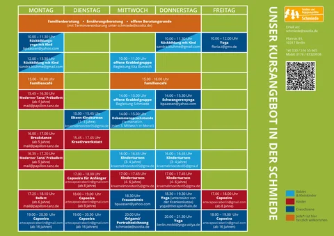Wöchentlicher Kursplan der Familien- und Begegnungsstätte Schmiede mit Angeboten für Babys, Kinder und Erwachsene.