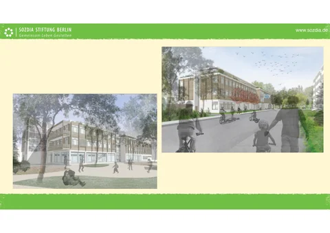 Zwei architektonische Renderings eines modernen Gebäudes mit Holzfassade, Grünflächen und Menschen beim Radfahren und Entspannen.