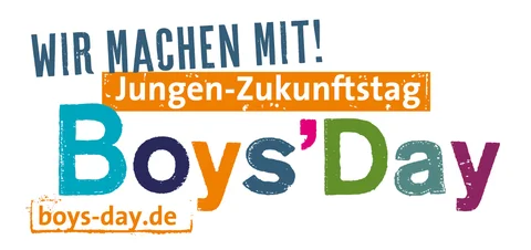 Logo für den Boys'Day – Jungen-Zukunftstag. Mit dem Aufruf 'WIR MACHEN MIT!' und der Webseite boys-day.de.