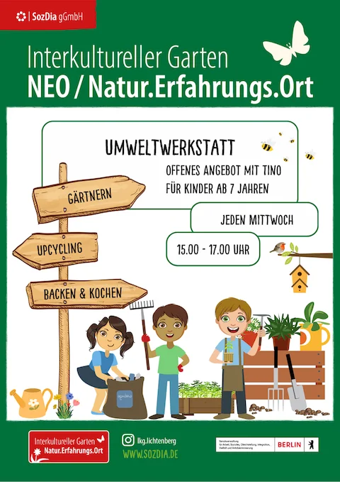 Plakat für Umweltwerkstatt im Interkulturellen Garten für Kinder, mit Gärtnern, Upcycling, Backen und Kochen.