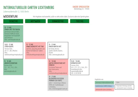 Wochenplan des Interkulturellen Gartens Lichtenberg mit Aktivitäten wie Sprachcafé, Strickgruppe, Workshops und Reparatur-Café.