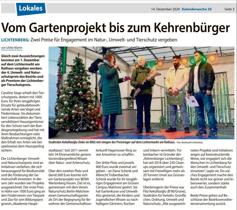 Stadträtin Keküllüoğlu überreicht auf einem Lichtermarkt Preise für Natur-, Umwelt- und Tierschutz-Engagement.