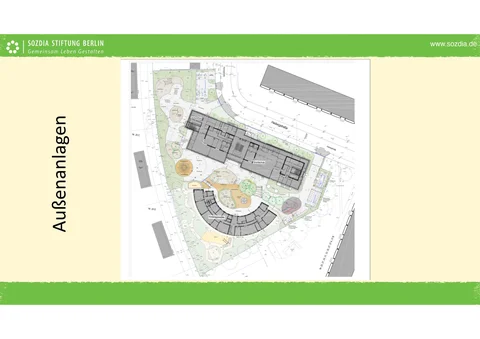 Lageplan mit Grundschule, Kindertagesstätte und detaillierten Außenanlagen, Grünflächen und Wegen.