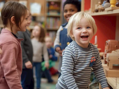 Kinder spielen in einer Kita mit Spielzeug aus Holz.