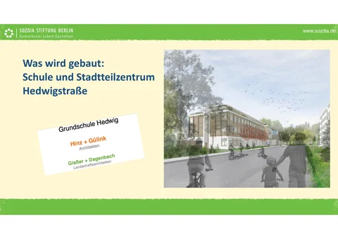 Architekturvisualisierung des geplanten Schul- und Stadtteilzentrums Hedwigstraße, mit Radfahrern im Vordergrund.