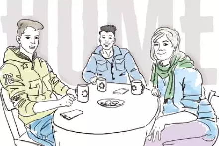 Zeichung von drei jugen Menschen an einem Tisch