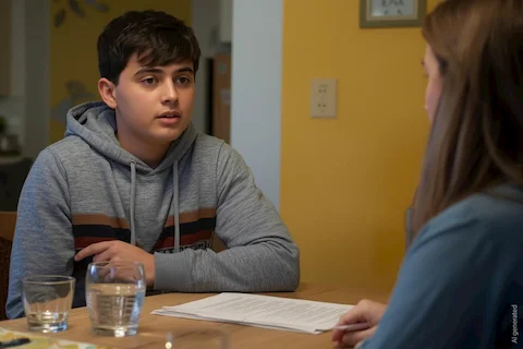 Ein Junge im grauen Hoodie sitzt ein einem Tisch. Im Gegenüber im Anschnitt eine Frau mit langen Haaren von hinten.