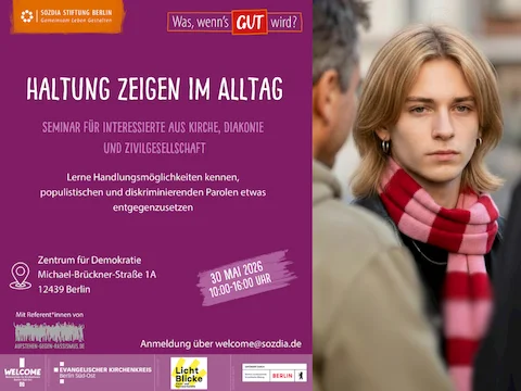Plakat mit Text zu einem Seminar über den Umgang mit menschenfeindlichen Aussagen neben einem unscharfen Porträt einer Frau mit rot-weiß-schwarzem Schal