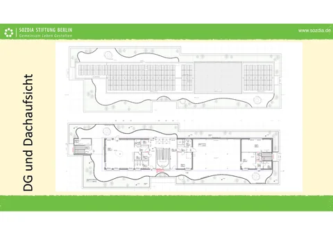 Architekturpläne: Dachaufsicht mit Solaranlage und Gründach, darunter der Grundriss des Dachgeschosses mit begrünten Außenbereichen.