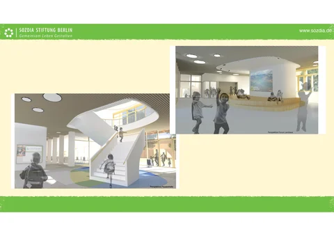 Renderings einer modernen Schule: helle Pausenhalle mit Treppe/Rutsche und Forum mit Sitzstufen für Kinder.