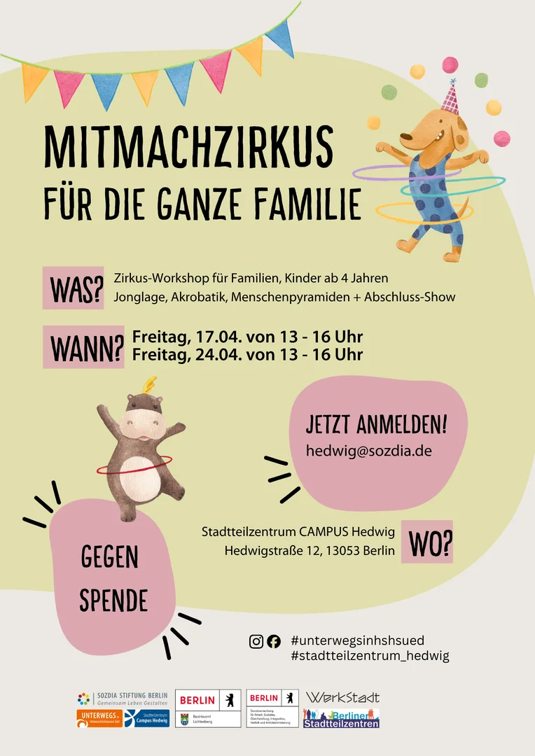 Flyer für einen Mitmachzirkus für Familien ab 4 Jahren in Berlin, mit jonglierendem Hund und hula-hoopendem Nilpferd.