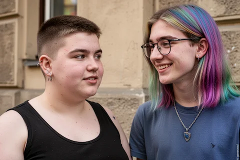 zwei jugendliche stehen wor einem Haus. Eine person hat kurze Haareund trägt Ohrringe. Die andere Person hat bunte Schulterlange Haare und trägt eine Brille.