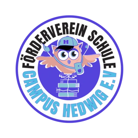 Logo des Fördervereins Schule Campus Hedwig: eine Cartoon-Eule mit Kappe und Pfeife, stehend auf einem Bücherstapel.