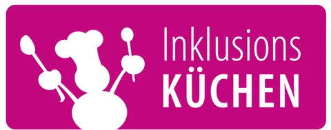 Die Figur eines Kochs in weiß auf lila grund. Es steht geschrieben Inklusionsküchen.