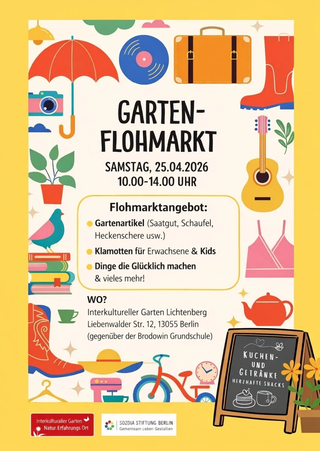 Poster für einen Garten-Flohmarkt am 25.04.2026 von 10-14 Uhr im Interkulturellen Garten Lichtenberg mit Gartenartikeln, Kleidung, Snacks.