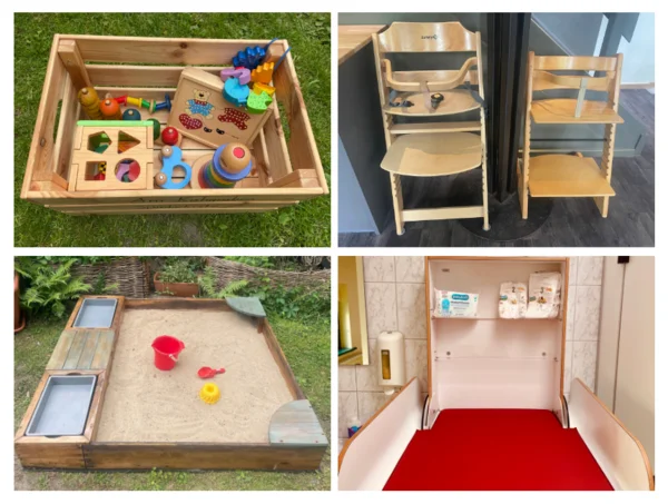 Spielekiste, Hochstühle, Sandkasten und Wickeltisch