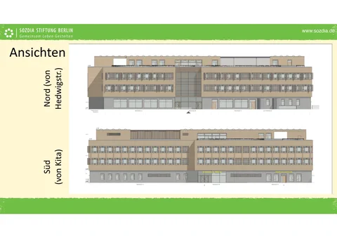 Zwei architektonische Ansichten eines mehrstöckigen Gebäudes: Nordfassade (Hedwigstr.) und Südfassade (Kita).