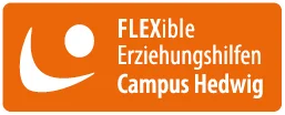 Logo für FLEXIble Erziehungshilfen Campus Hedwig, mit stilisiertem menschlichen Figuren-Symbol auf orangefarbenem Hintergrund.