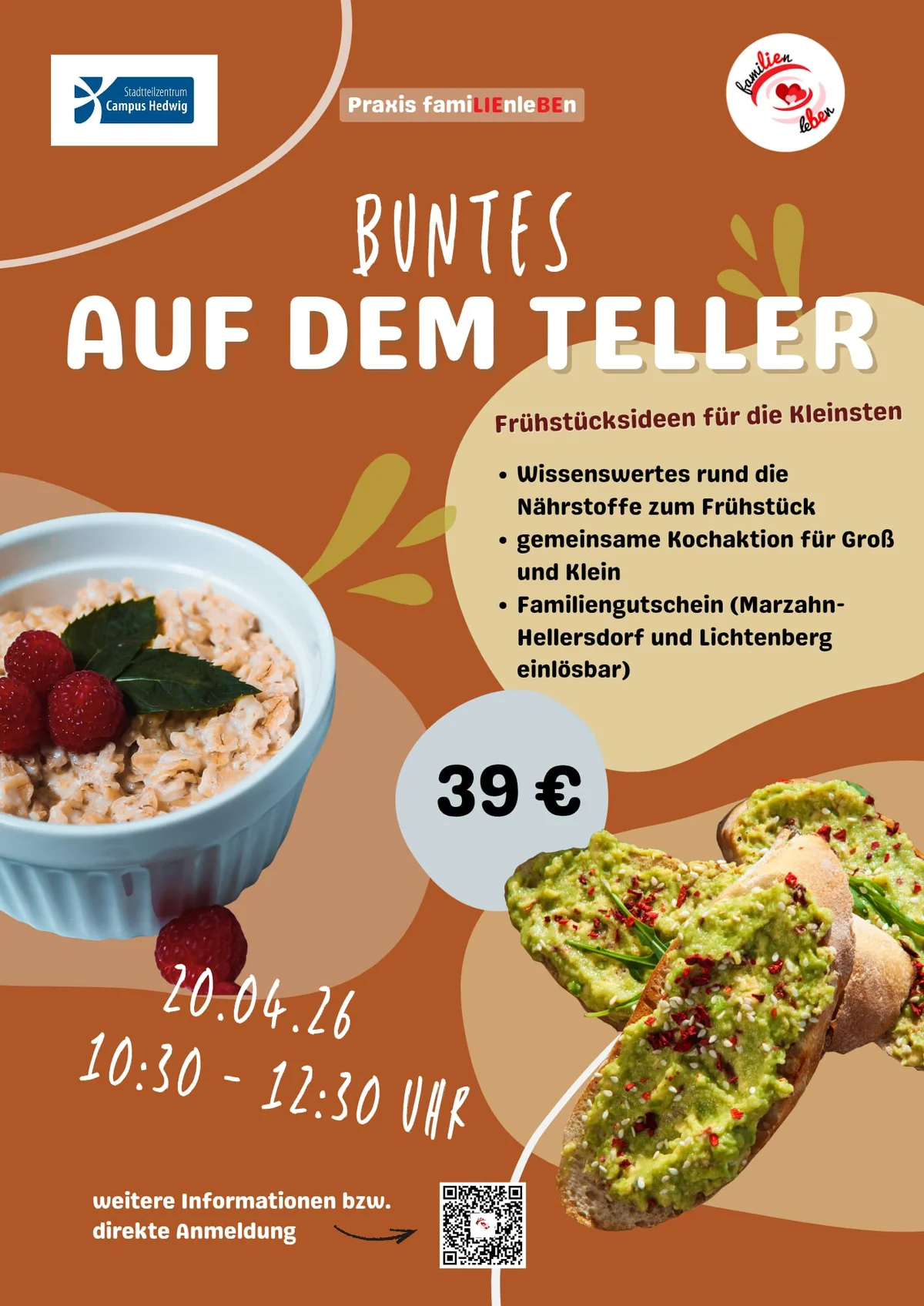 Poster für ein Familienfrühstücks-Kochworkshop mit Haferbrei und Avocado-Toast, am 20.04.26, 10:30-12:30 Uhr, 39€.