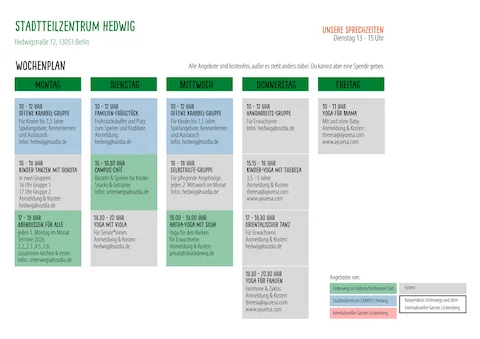 Wochenplan des Stadtteilzentrums Hedwig, Berlin, mit vielfältigen Angeboten wie Krabbelgruppen, Yoga, Tanz und Selbsthilfe.