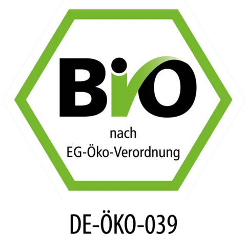 Deutsches Bio-Siegel, ein grünes Sechseck mit "BIO" und "nach EG-Öko-Verordnung". Kontrollnummer DE-ÖKO-039.
