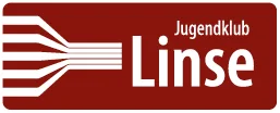 Logo des Jugendklubs Linse mit dem Text 'Jugendklub Linse' und einer Grafik aus konvergierenden Linien.