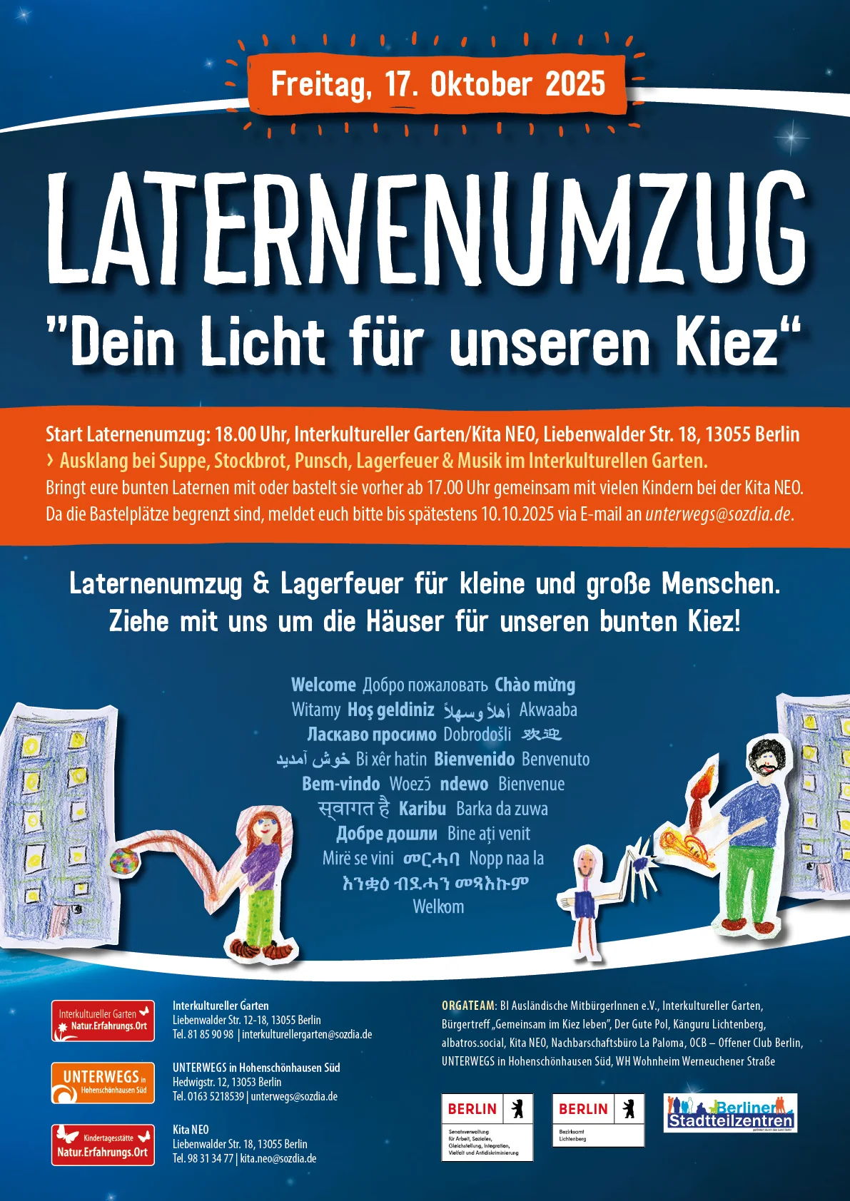 Flyer für Laternenumzug 'Dein Licht für unseren Kiez' am 17. Oktober 2025 mit Lagerfeuer und Kinderzeichnungen.