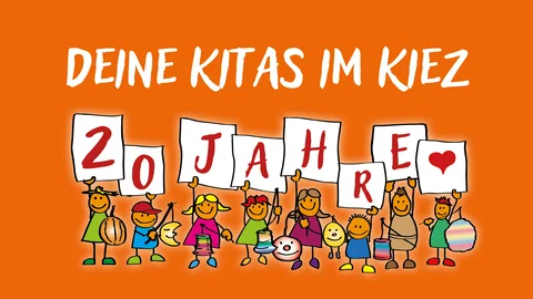 Lachende Comic-Kinder feiern 20 Jahre 'Deine Kitas im Kiez' mit Laternen auf orangefarbenem Hintergrund.