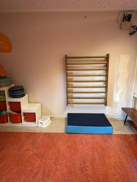 Bewegungsraum mit Sprossenwand, Turnmatte und Regal mit Aufbewahrungsboxen.