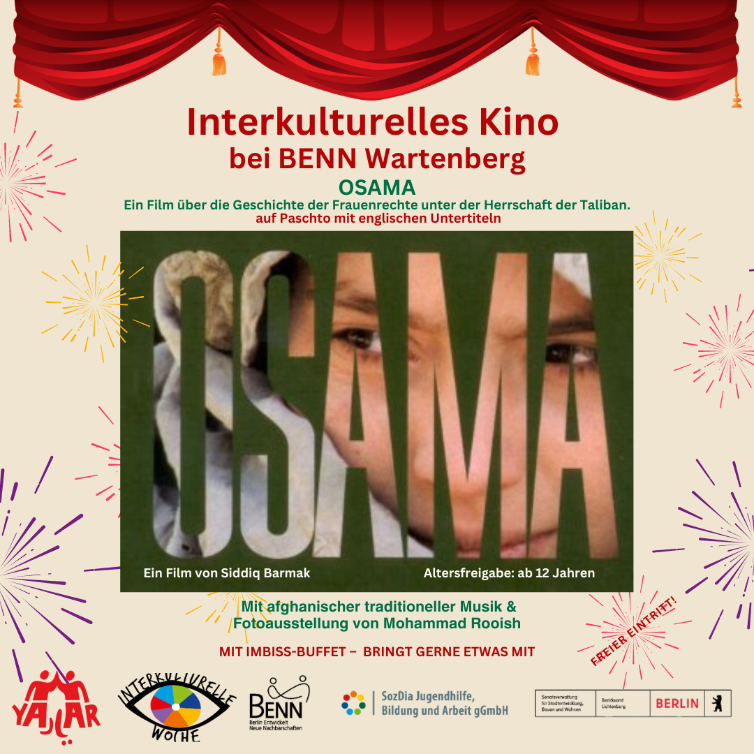 Plakat: Interkulturelles Kino mit OSAMA-Film (Frauenrechte, Taliban), afghanischer Musik, Fotoausstellung. Freier Eintritt.
