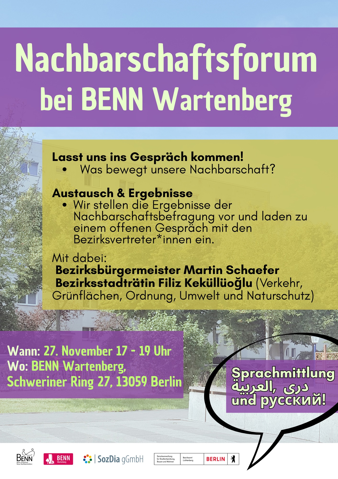 Ankündigung: Nachbarschaftsforum bei BENN Wartenberg am 27. Nov, 17-19 Uhr, Schweriner Ring 27, Berlin. Offener Austausch.