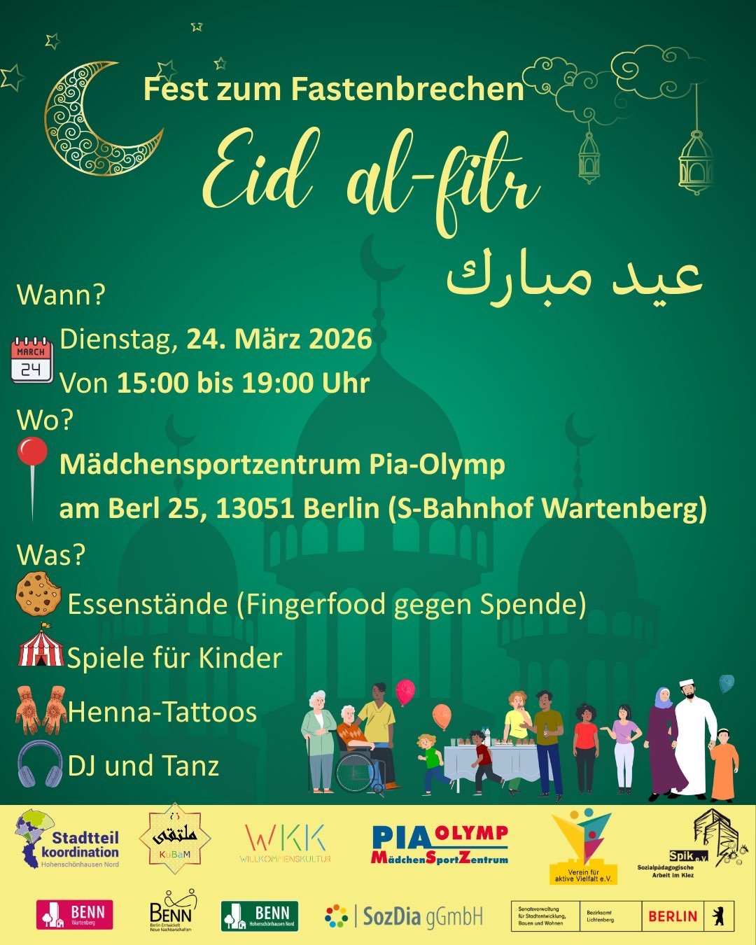 Plakat für das Eid al-fitr Fest am 24. März 2026 in Berlin mit Essen, Spielen, Henna, DJ und Tanz.